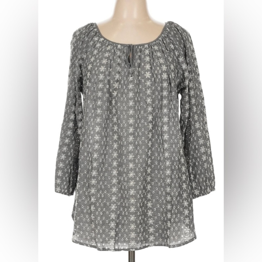 Chaps Women's Gray Floral Patterned Eyelet Blouse 1X